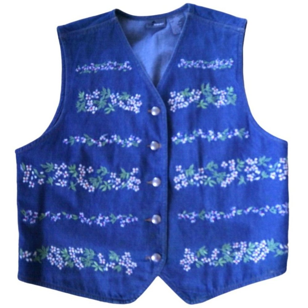 Vintage Lizwear Petite Women's Jean Vest Floral Accents Size Medium 100% Cotton